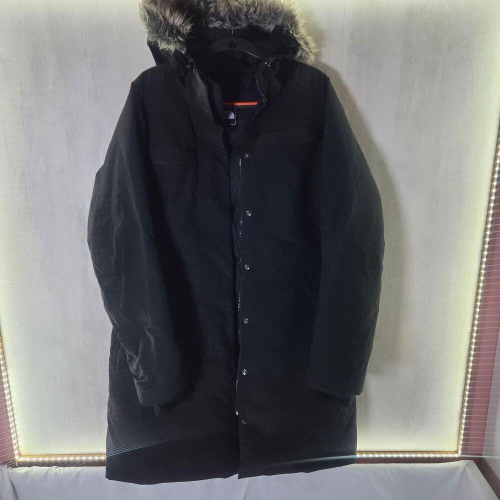 The North Face Coat Womens Large Black Hooded Down Parka Faux Fur Trim Long